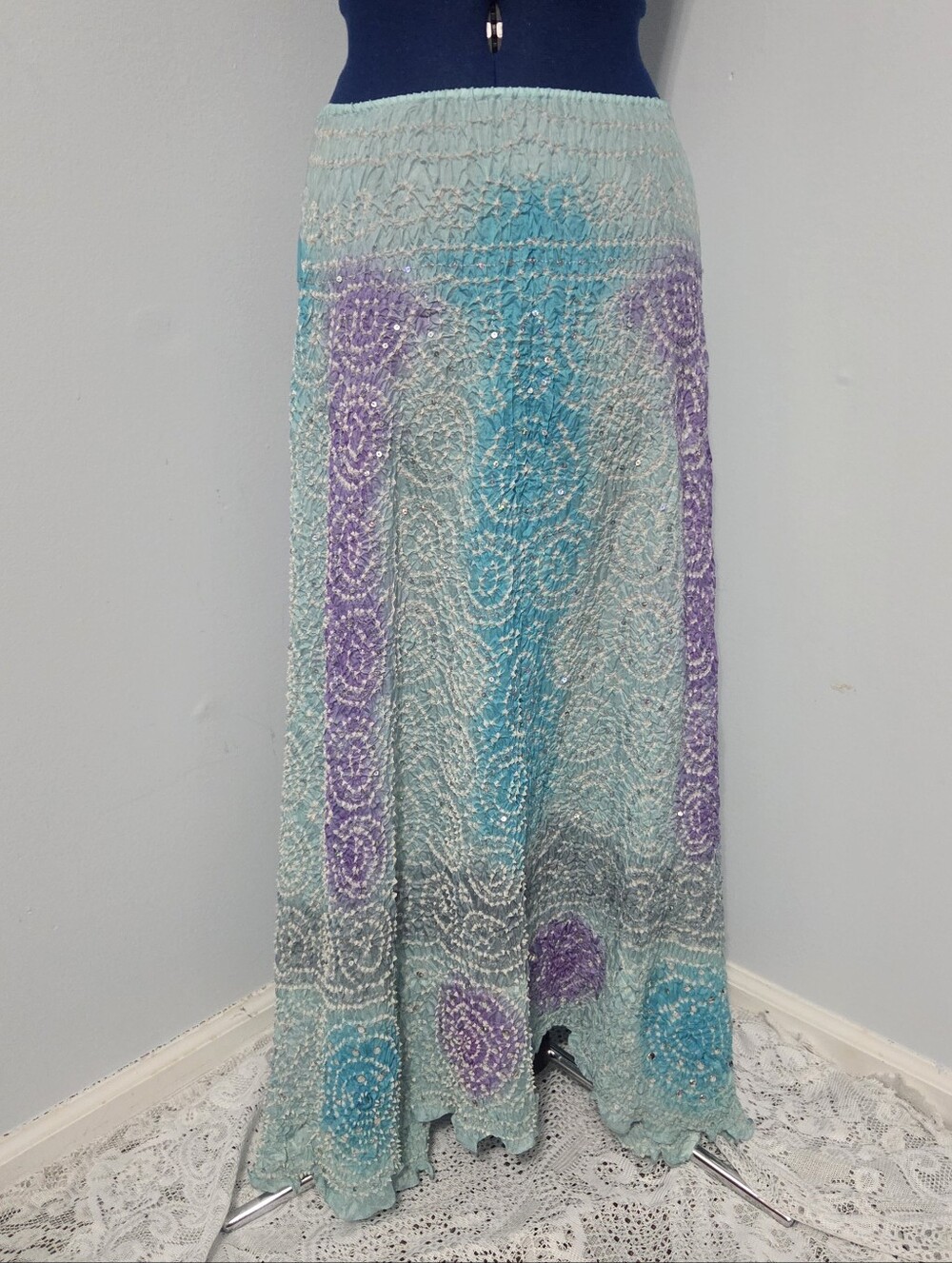 Vintage Y2K Blue Tie Dye Silk Sequin Maxi Skirt